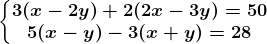 \left\\beginmatrix 3(x-2y)+2(2x-3y)=50\\5(x-y)-3(x+y)=28 \endmatrix\right.